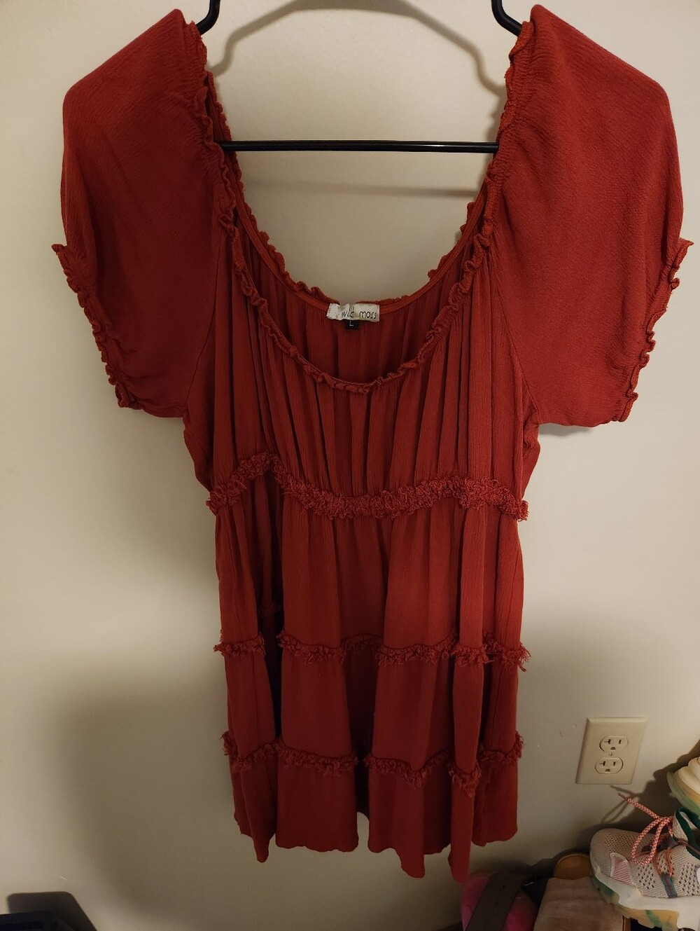 Women's Wild Moss Rust Red Boho Tiered Short Sleeve Top L Large